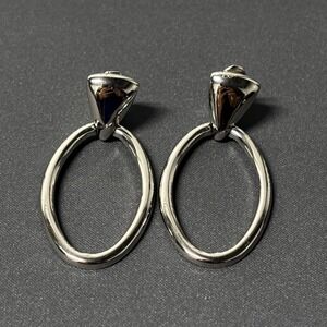 Monet Earrings Silver Tone Oval Drop Hoop Clip On Vintage 1980s Modern Classic
